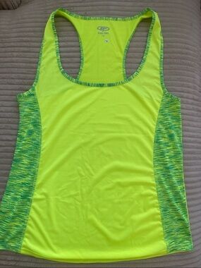 Game Time Neon Yellow Racerback Tank with Green Heathered Side Panels